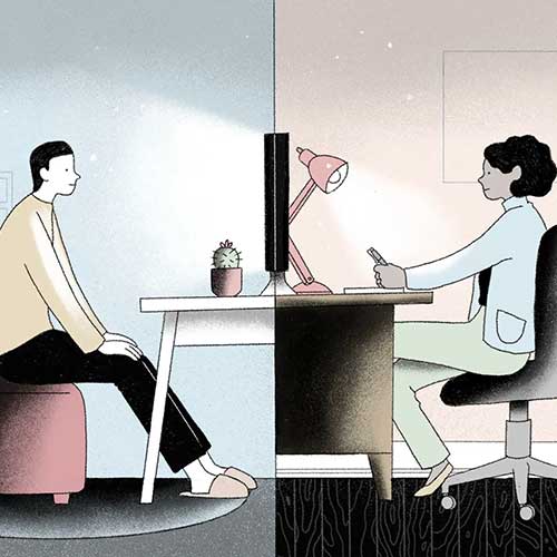 MQ&A in The New York Times, illustration showing teletherapy